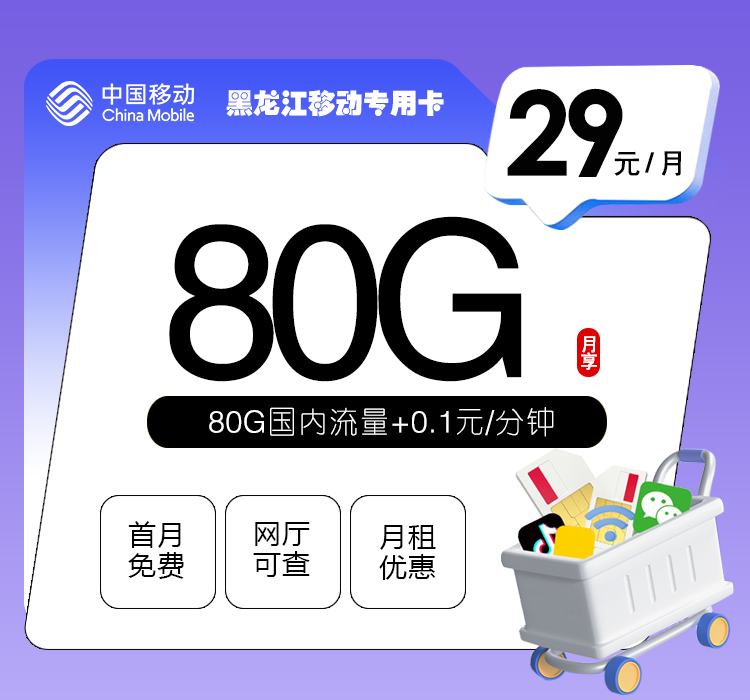 黑龙江移动专用卡【29元80G流量】