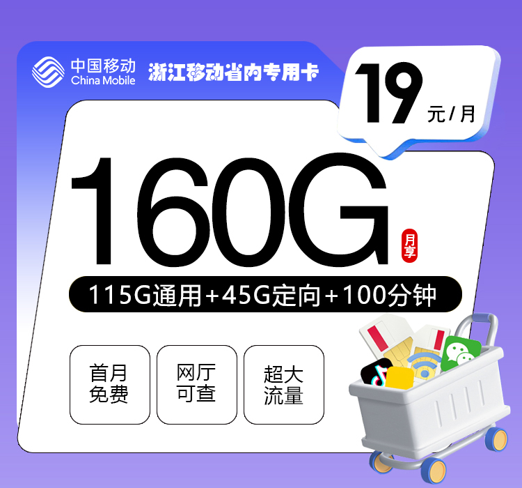 浙江移动省内专用卡【19元160G流量+100分钟】  第1张