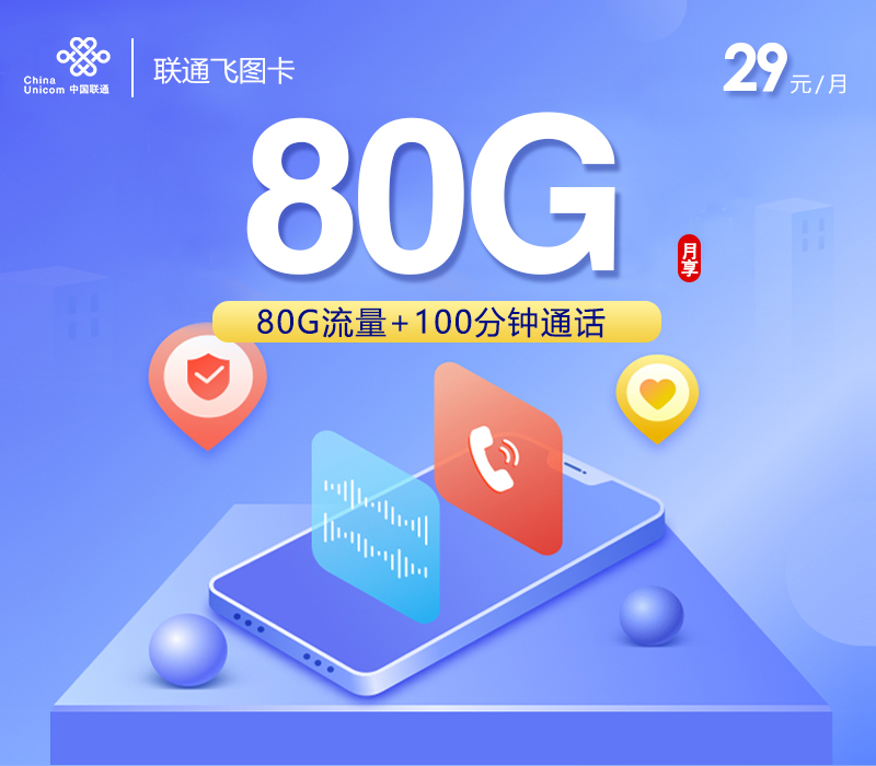 联通飞图卡【29元80G通话+100分钟】