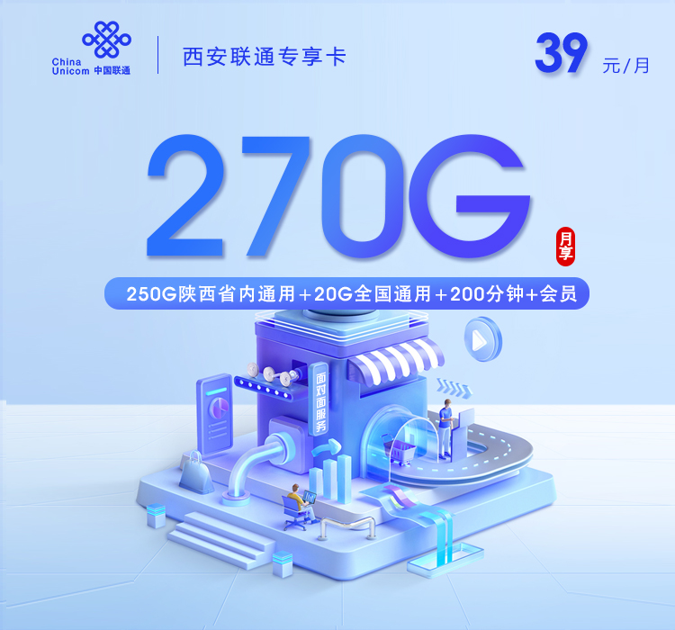 西安联通专享卡【39元270G流量+200分钟+会员】